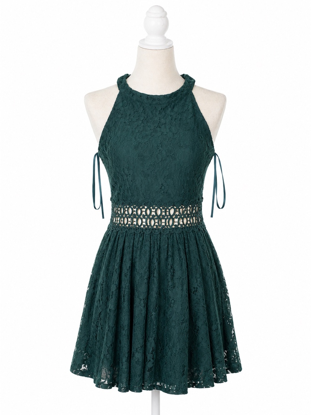 Francesca’s Emerald Green Lace Halter Dress NWT Medium Fit & Flare Cutout Back